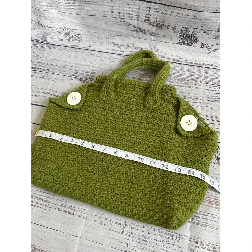 Crochet Tote Bag Handmade Green Floral Lining Boho Cottage Button Accents Large